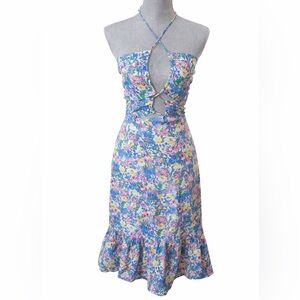 Lulus Floral Cutout Halter Midi Dress Ruffle Hem Spring Summer Size S